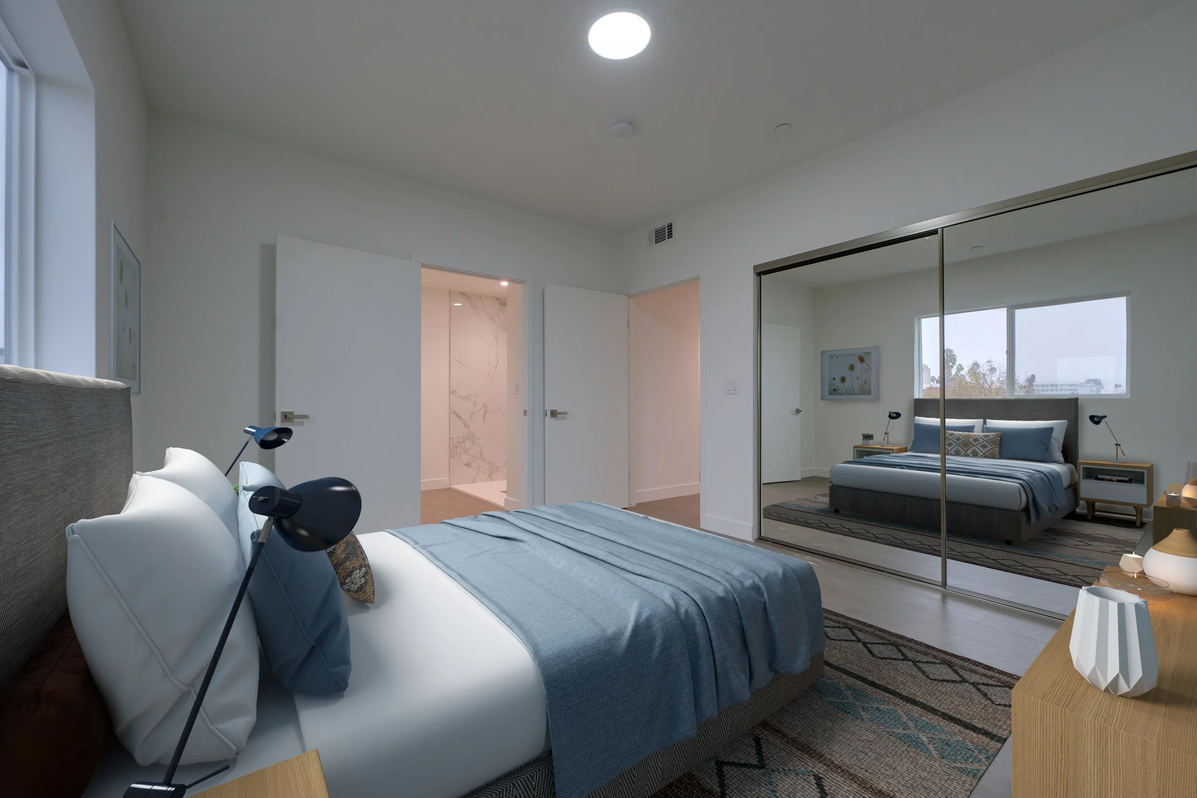 Pine on Gramercy bedroom with mirrored wardrobe