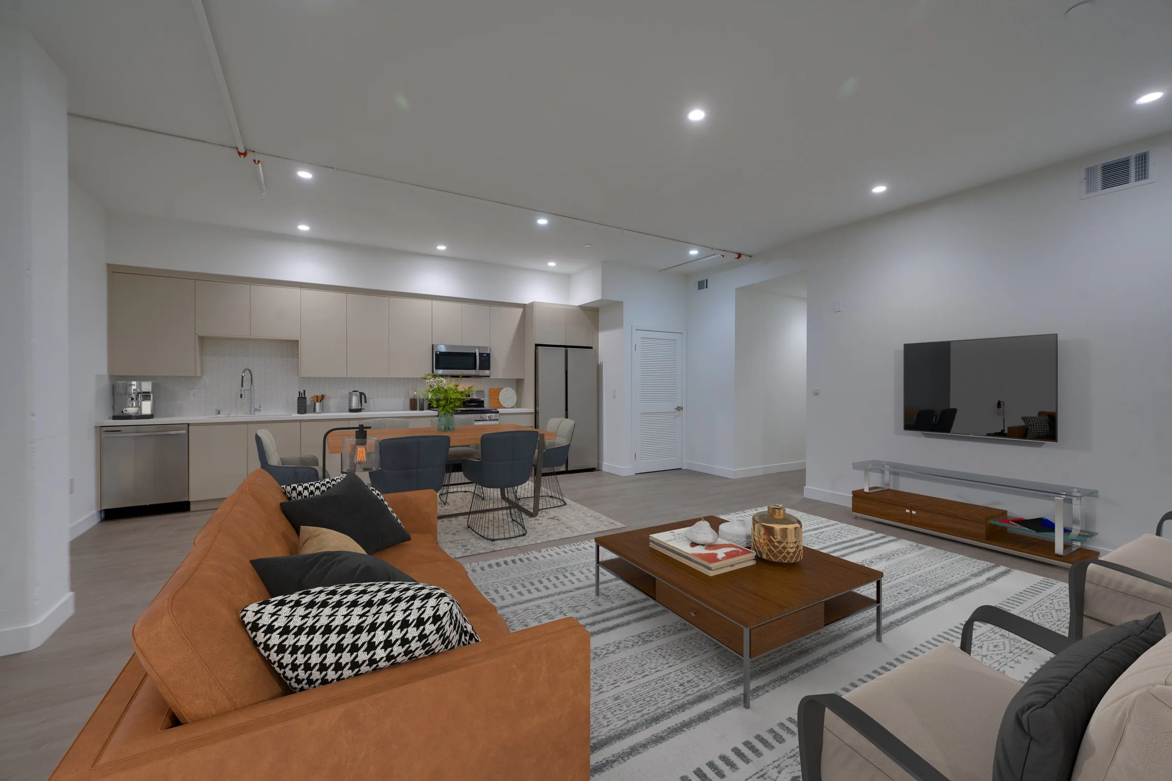 Large Pine on Gramercy living room with open kitchen